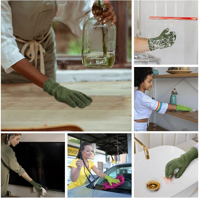 Patelai 2 Pairs Microfiber Gloves for plants Dusting Cleaning Glove Mittens House Cars Blinds Dusting(Olive Drab, Grass Green,Large)