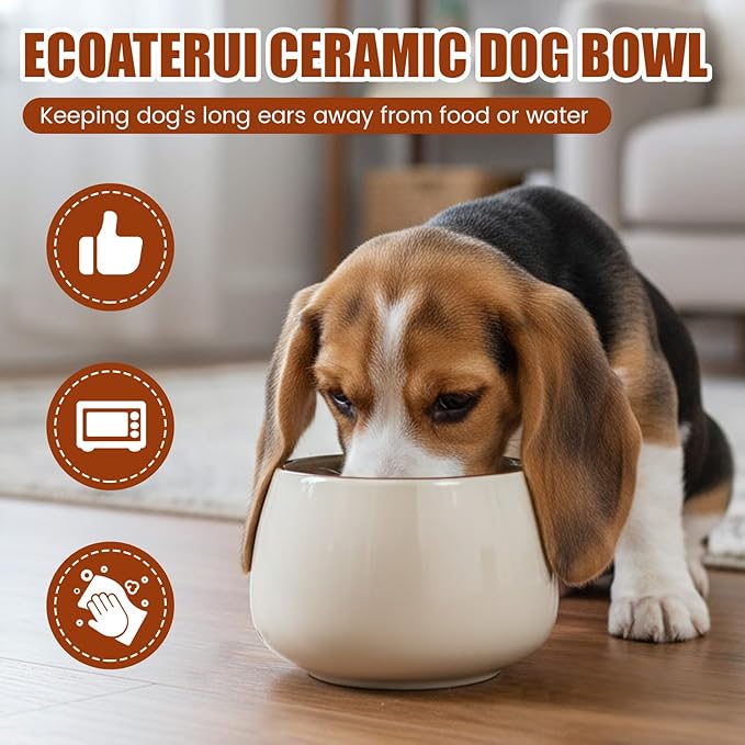 1 Pack 37 oz Ceramic Dog Bowl for Large Dogs with Long Ears No Spill Water & Food Pet Bowl Cocker Spaniel Beagle Bassett (Beige)