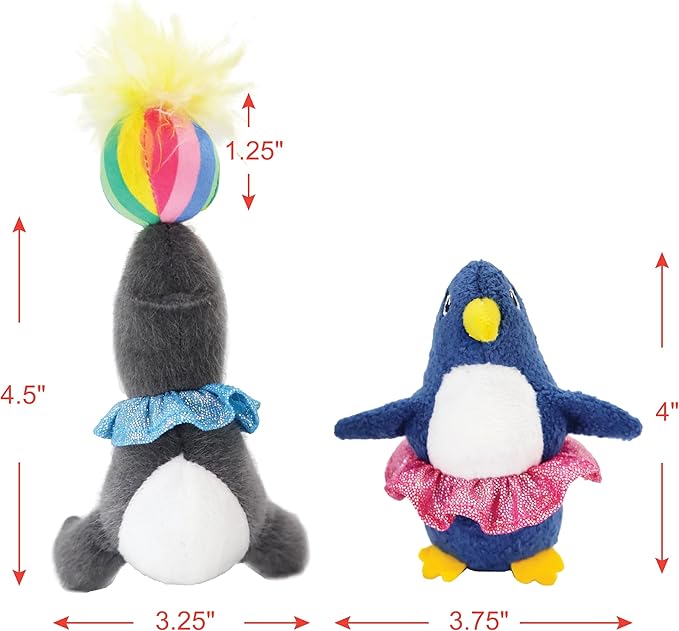 Jumpaws 2 Pack Interactive Catnip and Feather Cat Toys, Circus Penguin and Seal Catnip Toys, Accessories for Indoor Cat, Catnip Plush Toys with Natural Feathers and Rattles