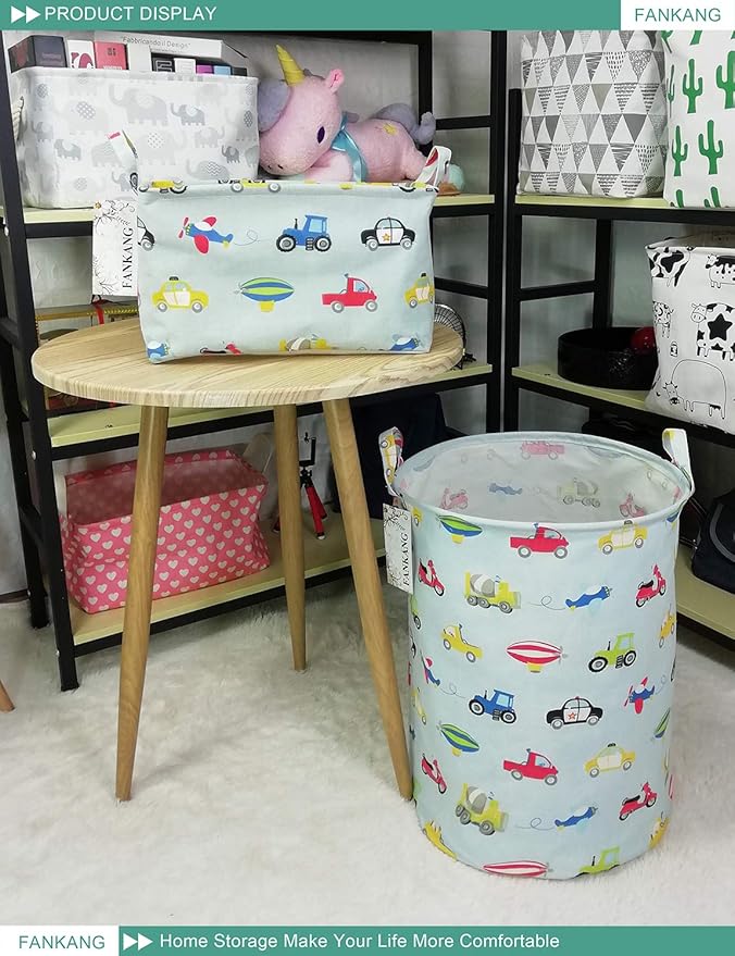 Storage Basket, Nursery Hamper Canvas Laundry Basket Foldable with Waterproof PE Coating Large Storage Baskets for Kids Boys and Girls, Office, Bedroom, Clothes,Toys（Car）