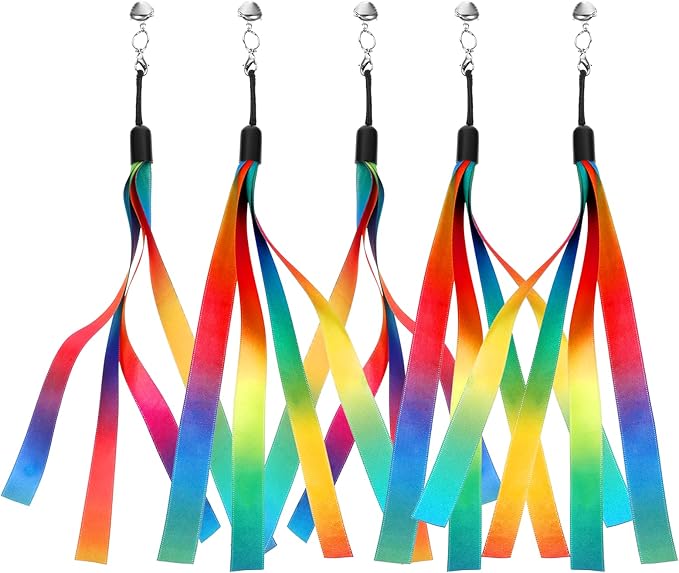5 Pcs Cat Ribbon Toy, Cat Toy Wand Replacement Interactive Kitten Rainbow Toys Wand, Portable Cats Teaser Wands, Kitten Ribbon Refill Attachment Toys with Bell for Most Cats Kittens Small Pets