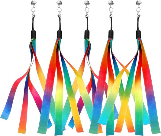 5 Pcs Cat Ribbon Toy, Cat Toy Wand Replacement Interactive Kitten Rainbow Toys Wand, Portable Cats Teaser Wands, Kitten Ribbon Refill Attachment Toys with Bell for Most Cats Kittens Small Pets