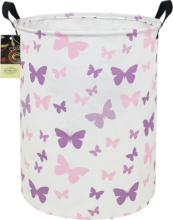Collapsible Fabric Storage Basket, Waterproof Laundry Hamper with Handles, Round Storage Bin for Clothes Toys, Foldable Organizer for Bedroom Nursery Bathroom(Round-Purple Butterfly)