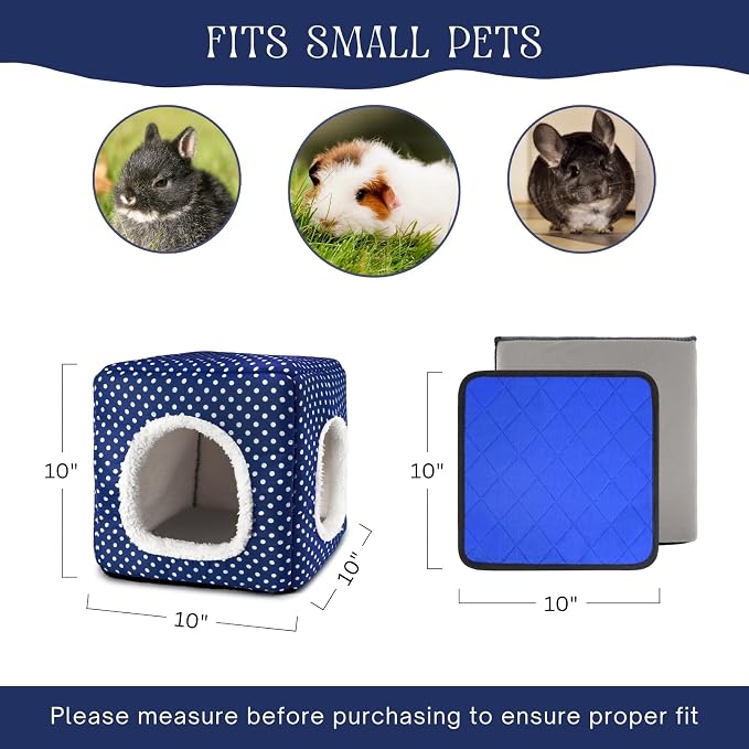 Guinea Pig Hideout with 2 Removable Mat, Two Entrances, Dwarf Rabbit Bed, Washable Bunny House, Small Pet Accessories Blue Dot