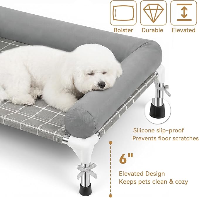 Elevated Dog Bed with 3 Sided Bolster - 20"x26" Raised Pet Cot for Small Dogs, Stainless Steel Frame Portable Dog Sofa for Indoor, Outdoor, Camping and Patio