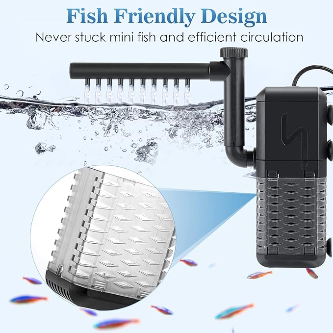 AQQA Aquarium Filter, Submersible Power Fish Tank Filter with Rainwater Aerator System Adjustable Water Flow Design, Ultra Silent Biochemical Sponge Filtration Up to Fish Tank 50 Gallon (6W-158GPH)