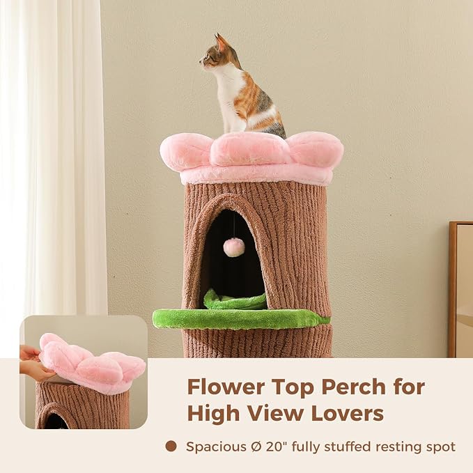 MUTTROS Forest Cat Tree Tower with 4 Condos, 68.5" Tall Cat Tower with Flower Top Bed & Thick Scratching Post (φ3.8in) – Large Heavy Duty Tree that Looks Like a Tree for Indoor & Multi-Cat Households