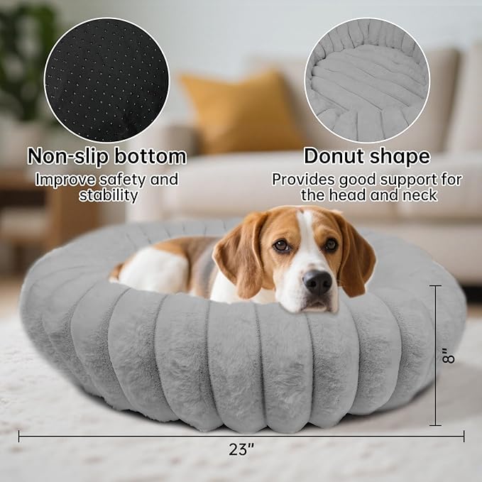 Donut Dog and Cat Bed, Luxurious Comfortable Faux Rabbit Fur Pet Beds, Round Anti-Anxiety Calming Puppy Kitten Bed with Anti-Slip Bottom for Small Medium Dogs & Cats(33", Brown)