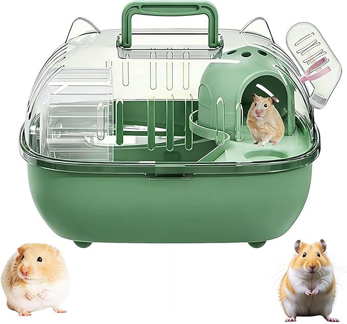 Portable Hamster Cage – 11" Cat Ear Shape Small Animal Habitat with Exercise Wheel, Water Bottle, Hideout House & Platform, Transparent Carrier for Hamsters, Gerbils, Mice