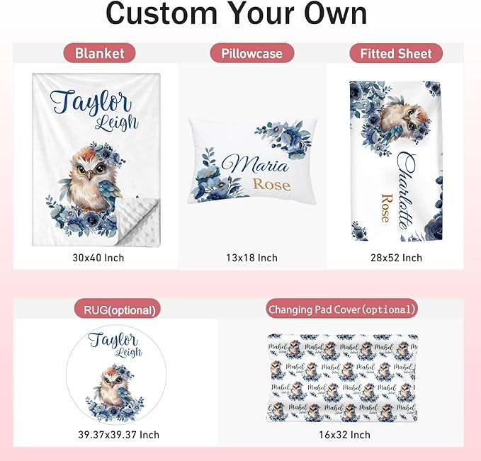 Personalized Crib Bedding Set for Baby Boy Girl, Custom Name Owl Design 3 Piece Baby Bedding Set, Including Plush Blanket, Fitted Sheet and Pillowcase for Newborn Nursery Gift
