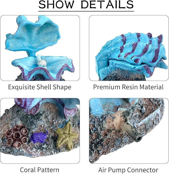 WishLotus Aquarium Decorations - Durable Resin Simulation Pearl Scallop Fish Tank Landscape Decorations - Pneumatic Opening and Closing Bubble Ornaments - Blue