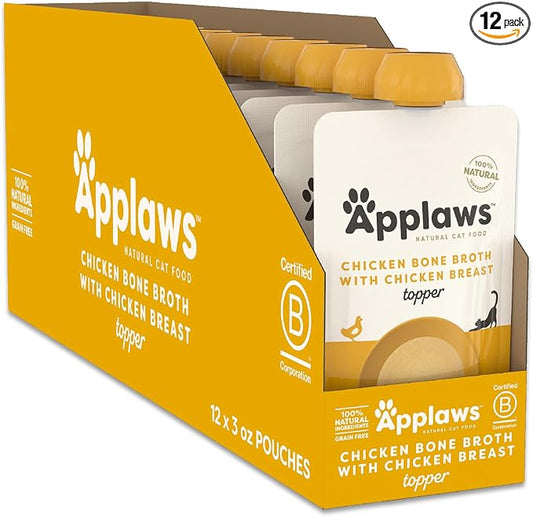 Applaws Chicken Breast Bone Broth Cat Food Topper 12-Pack, Lickable, High Protein, Limited Ingredient, Grain Free, No Fillers or Artificial Additives (12 x 3 oz Resealable Spout Pouches)