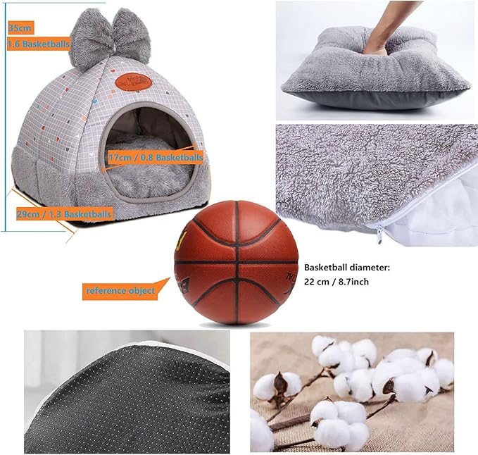 Rabbit Hideouts Bunny Bed Hideout House Cage Accessory for Guinea Pig Chinchilla Hamster Cozy Squirrel Hedgehog and Warm Rabbit Bed with Cute Bowknot Design(Grey)
