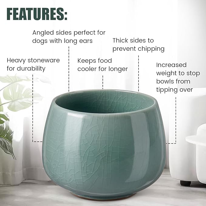 1 Pack 37 oz Ceramic Dog Bowl for Large Dogs with Long Ears No Spill Water & Food Pet Bowl Cocker Spaniel Beagle Bassett (Pale Cyan)