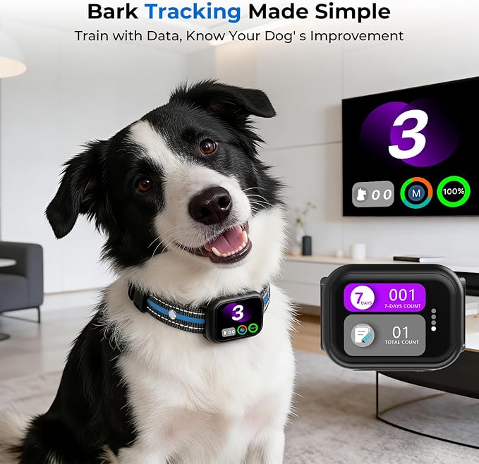 RPZ Smart Dog Bark Collar for Small Medium Large Dogs 8-150 Lbs, Blue | Rechargeable anti barking collar with bark count tracking, 4 training modes, 3 sensitivity levels and IP67 waterproof
