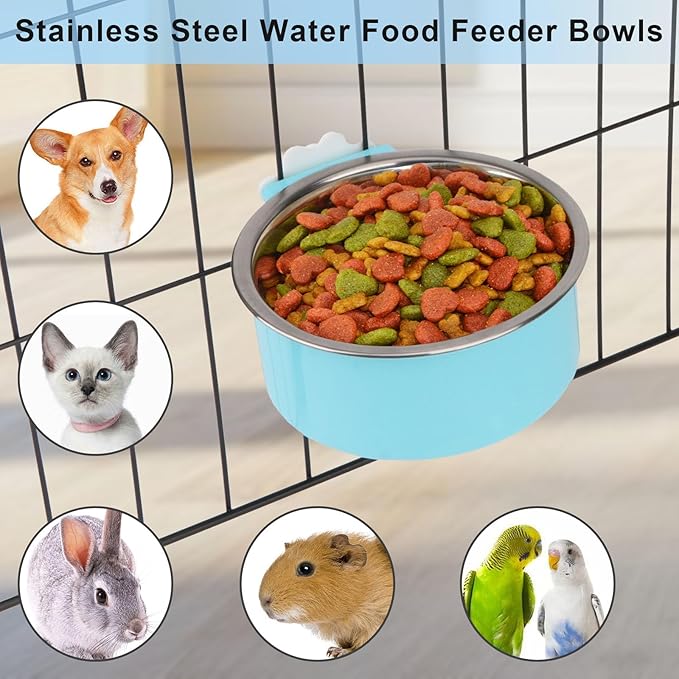Crate Dog Bowl,Removable Stainless Steel Kennel Water Hanging Food & Water Feeder Crate Water Bowl No Spill for Puppy,Cat,Rabbit,Guinea Pig (Blue)