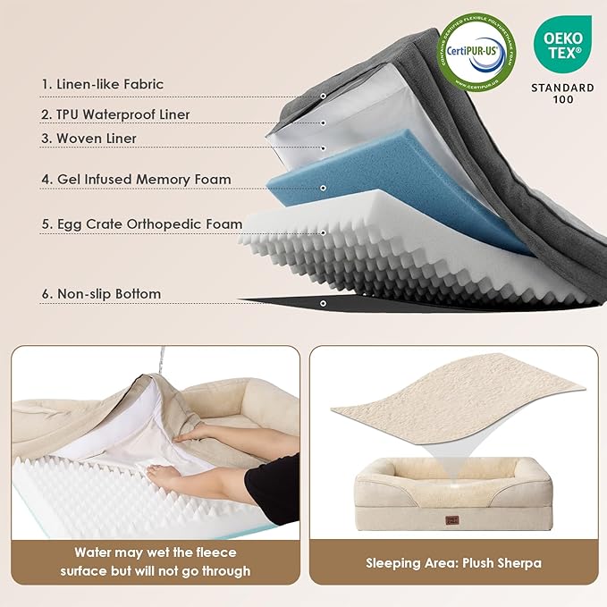 EHEYCIGA Orthopedic Dog Bed for Medium Dog, 35x22 Inch Memory Foam Dog Couch Bed with Sides, Waterproof Liner & Washable Removable Cover, Bolster Pet Sofa, Beige