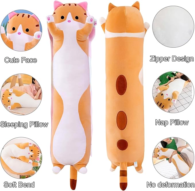 Giant Cat Pillow Plush Cartoon Kitty Sleeping Hugging Pillow, Cuddly Soft Long Kitten Body Pillow Doll Cat Cushion Toy for Kids Girlfriend (Yellow, 130cm/51.18inch)