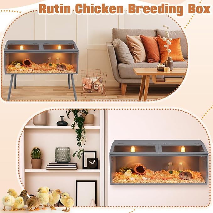 CroBlissful 40 x 16 x 16 in Brooder Kit Box for Chicken Quails Indoor Outdoor with Leg Stand Sliding Door, Bulb Set and Feeder, Baby Chicken Coops for Ducks, Hamsters, Lizards, Mice, Rat(Grey)