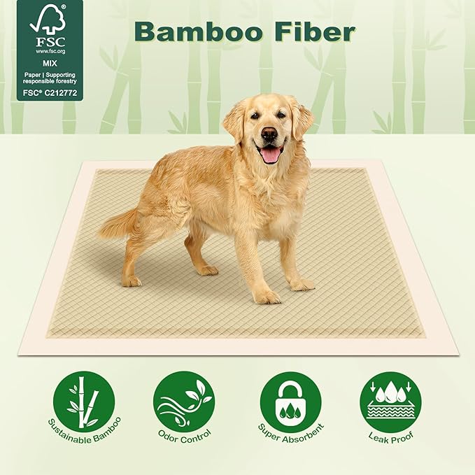 MIZOK Dog Pee Pads Extra Large 28"x34", Bamboo Puppy Pads Super Absorbent & Leak-Proof, 4-Corner Adhesive Tabs, Wee Wee Pads for Dogs, Superior Odor Protection, XL (50 Counts)