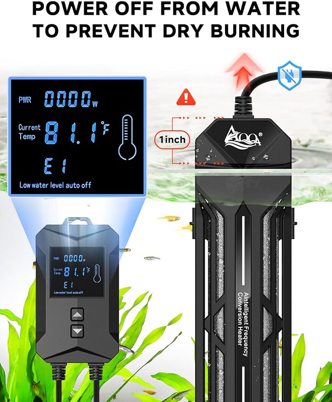 AQQA Aquarium Heater 800W/1000W/1200W/1400W Fish Tank Heater with LED Digital Display 110-120V Submersible No Pond Heaters with Overheat & Dry-Out Protection for Freshwater & Saltwater Tanks (1000W)