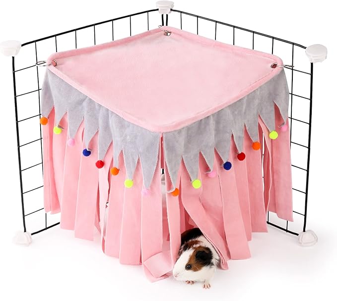 Guinea Pig Hideout - Guinea Pig Corner Hideout, Four-Sided Fringes, Square Top and Washable Hides, Ideal Hides for Small Pets, No Metal Fences, Pink