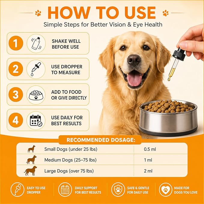Aura Pets Advanced Vision Formula for Dogs, with Zeaxanthin, Astaxanthin, Lutein, Supports Vision and Overall Eye Health, Clears Debris, Reduces Cloudiness, 60ml