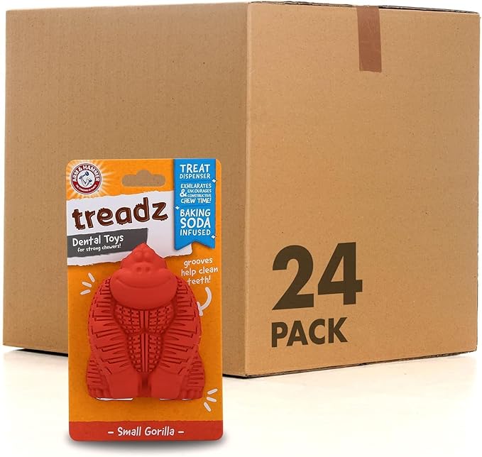 Arm and Hammer for Pets Super Treadz Mini Gorilla Dental Chew Toy for Dogs - Reduces Plaque and Tartar Without Brushing, Baking Soda Infused, Dishwasher Safe, Dogs Up to 25 Lbs, 3.5 Inch - 24 Pack