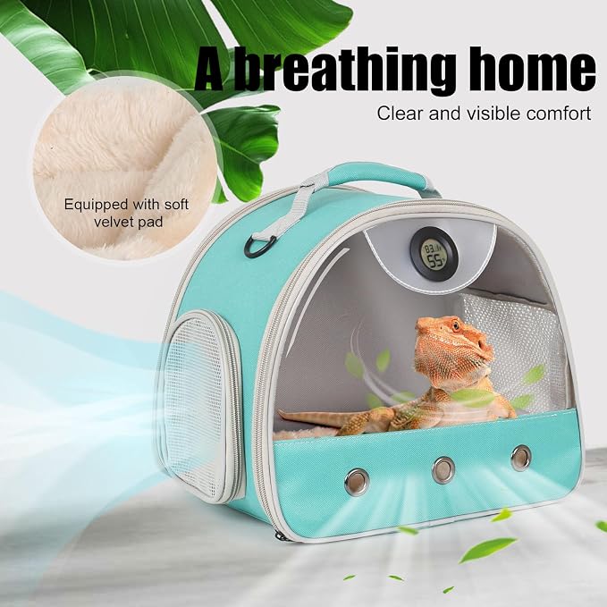 Bearded Dragon Travel Backpack Carrier with Reptile Thermometer and Humidity Gauge Lizard Travel Cage Space Capsule Clear Bubble Window Astronaut Reptile Bag for Ball Python (Green, Carrier+I LSH)