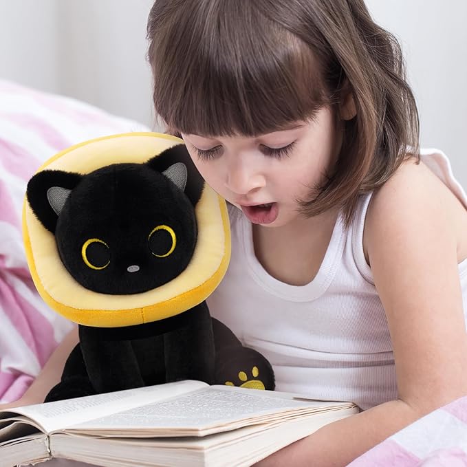 Black Cat Plush - 8inches Cat Stuffed Animal with Removable Toast Bread Hood, Cute Plushie Soft Kitten Doll Toy for Kids Boys Girls, Birthday Gifts