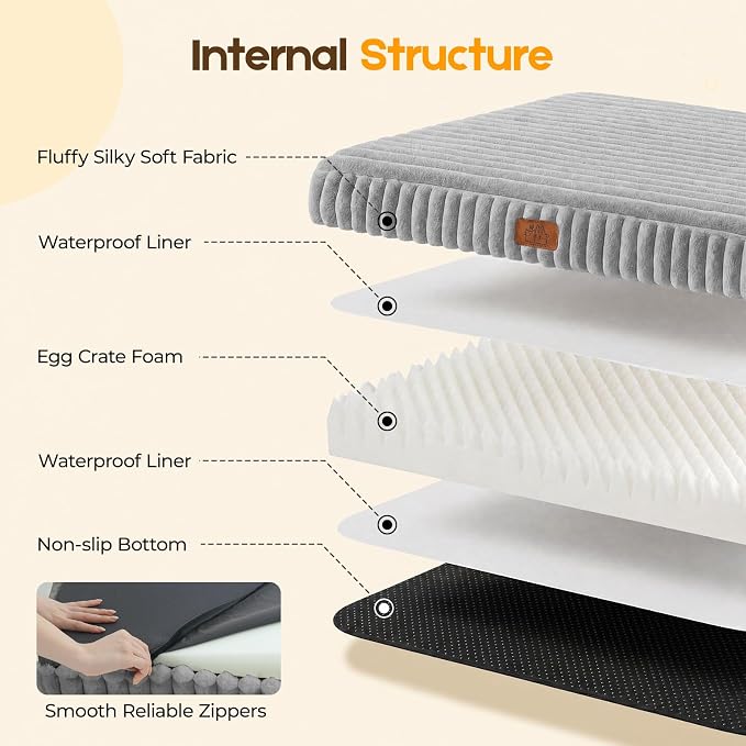 Orthopedic Dog Bed for Large Dog, Waterproof Pet Bed,Non-Slip Bottom and Egg-Crate Foam with Removable Washable Cover Crate Bed,Grey,36"x27"x3"