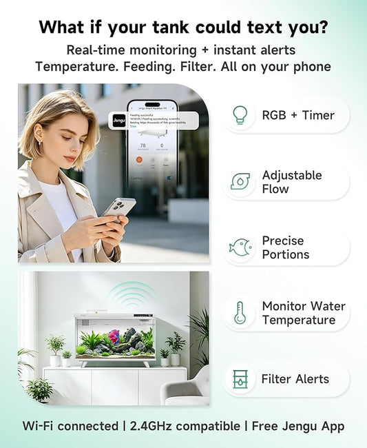 M1 5 Gallon Aquarium Starter Kit, App Control Smart Fish Tank with Filter, Auto Feeder, Quiet Pump, Timer Light, Temp Display, Crystal-Clear Glass Desktop Betta Tank for Guppy Shrimp, White