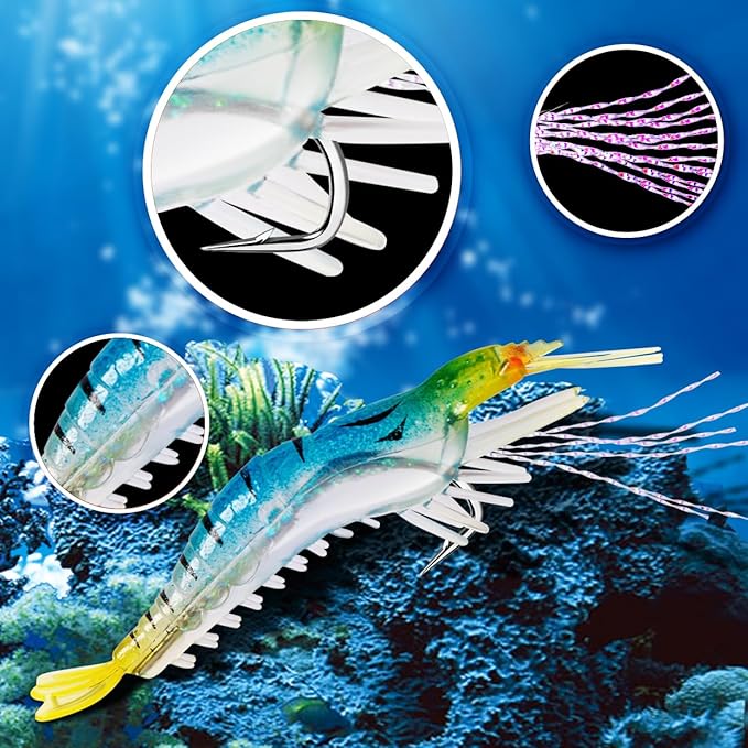 14PCS Saltwater Fishing Lures Shrimp Lures Set with Bait Box, 7 Colors Premium Soft Shrimp Fishing Tackle with Luminous Sharp Hooks, for Saltwater and Freshwater Aggressive Fish