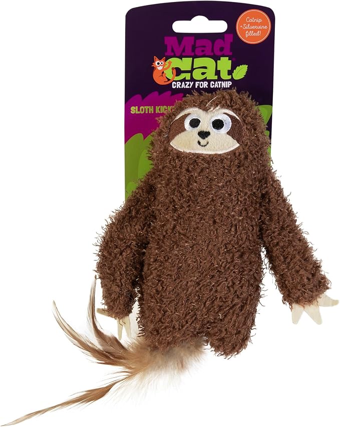 Mad Cat Sloth Kicker Crinkle Cat Toy with Catnip and Silvervine, in Brown | Rustling texture sparks energetic wrestling and playful sessions for felines, single piece made for solo fun time at home