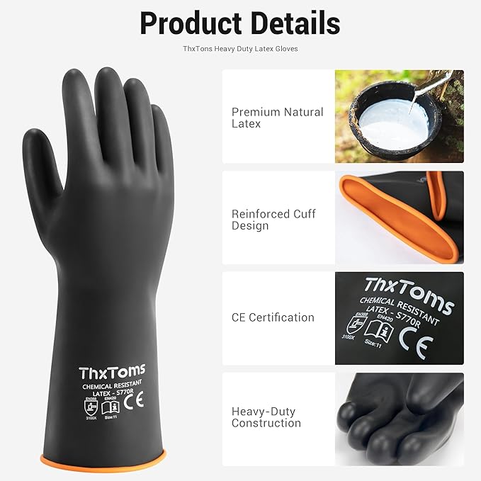 ThxToms Heavy Duty Chemical Resistant Latex Gloves, Waterproof Rubber Gloves, Puncture Resistant, Acid Oil & Alkali Resistant for Industrial Cleaning, Gardening, 18", 1 Pair