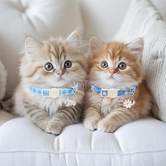 2 Pack Cute Cat Collars - Blue Plaid & Floral Breakaway Cat Collars, Adjustable Boy Girl Kitten Safety Collar for Small Dogs Puppy, Everyday Pet Collar with Bell & Pendant