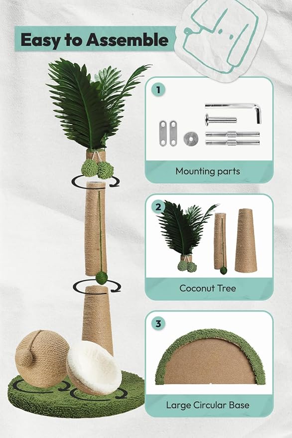 33" Tall Cat Scratching Post, Natural Jute Cat Scratcher for Indoor Cats,Twin Coconuts & Tree Design with Hanging Toy Ball & Rest Platform,Stable Furniture Protector for Kittens & Adult Cats,M