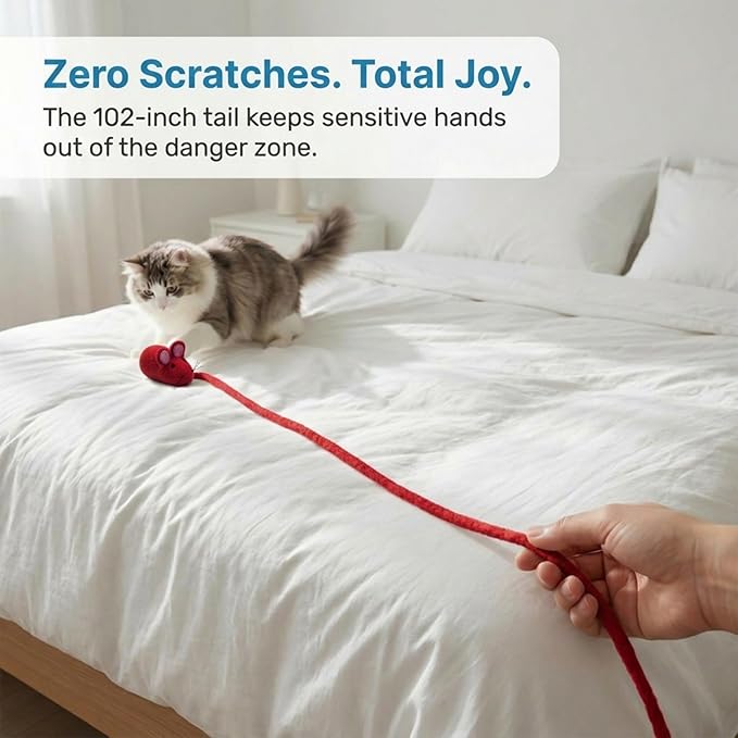 Glaciart One Felt Mouse Cat Toy – Soft Fuzzy Enrichment 100% Natural Wool - Interactive Catnip Play Cat Toy Set - Safe for Pets, Non-AZO Colored Dyes - 100” Long