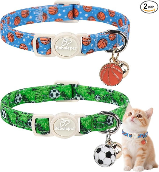 2 Pack Boy Cat Collars - Green Soccer & Blue Basketball Breakaway Cat Collars, Adjustable Boy Kitten Safety Collar for Small Dogs Puppy, Cute Pet Collar with Bell & Pendant