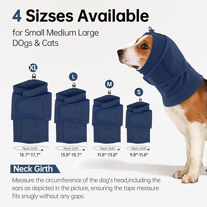 IDOMIK Dog Ear Muffs Noise Protection, Dog Calming Hoodie for Anxiety Relief, Soft Double-Layer No Shake Head Wraps, Quiet Ear Covers for Thunderstorm, Firework, Bath, Grooming & Blow Drying,Blue,XL