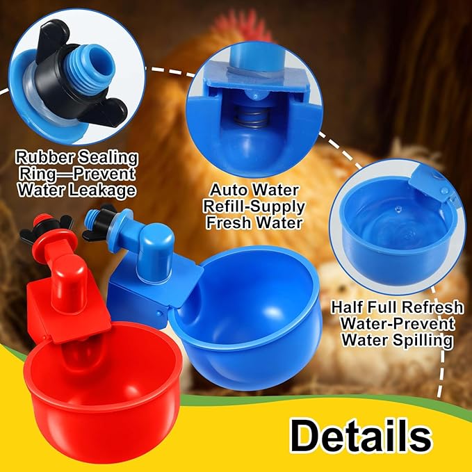 Tanlade 50 Pcs Automatic Chicken Waterer Cups Chicken Feeder for PVC Pipe Waterer Kit for Poultry Duck Goose Turkey Bunny (Red,Blue,Classic)