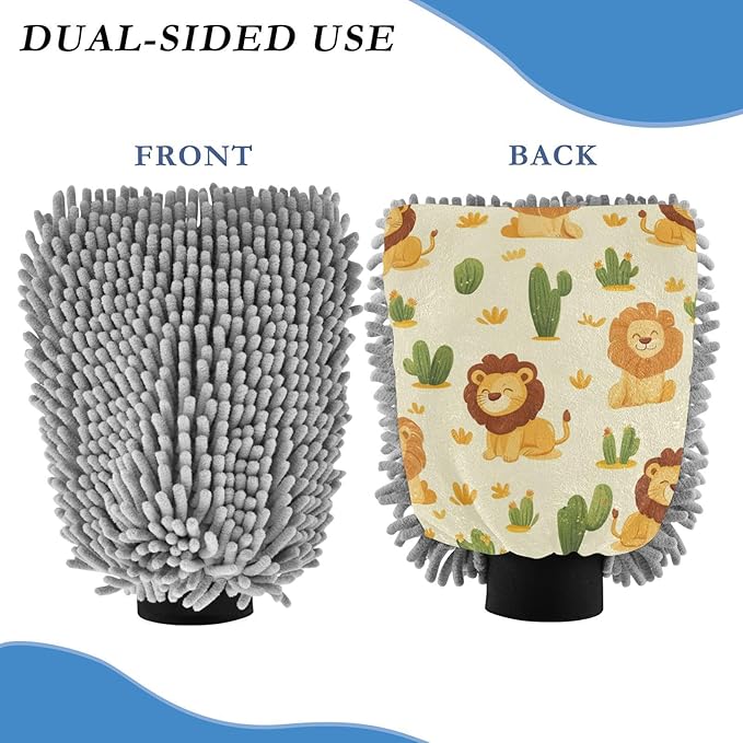 Car Wash Mitt Microfiber Wash Mitts for Car Washing Scratch-Free Cleaning Gloves Soft Non Absorbent Chenille Auto Hand Mitt Large 2Pack Cute Yellow Lion and Cactus
