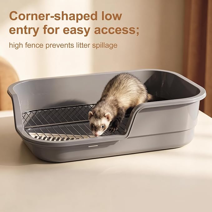 Large Rabbit Litter Box Corner Grated Bunny Potty Trainer with Stainless Steel Grate for Adult Guinea Pigs Rabbits Hamsters Chinchillas Ferrets Gerbils & All Small Pets Includes Scoop (Gray)