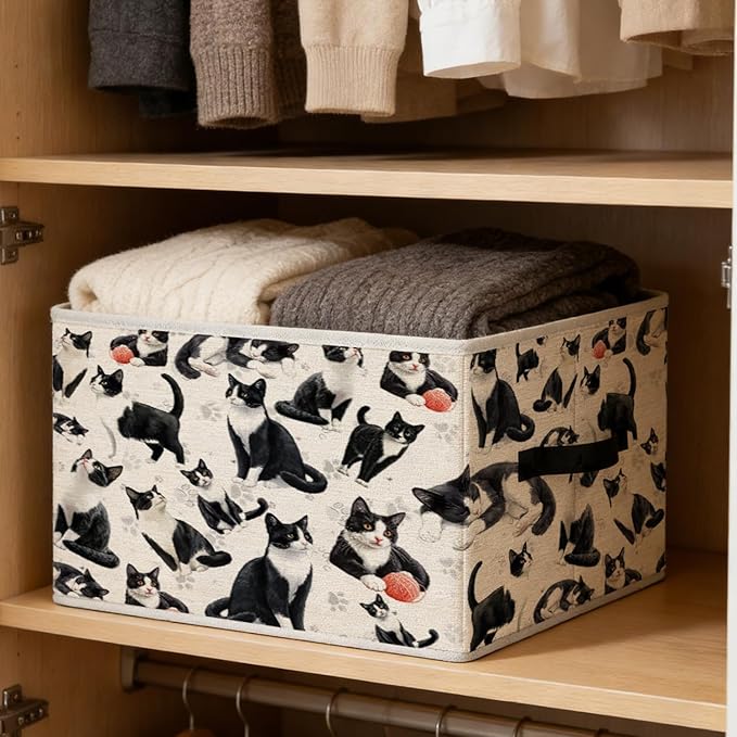 Funny Tuxedo Cat Storage Bins, Black and White Cat Foldable Closet Organizers Storage Basket Toybox for Clothes Bed Sheets Blankets Toys
