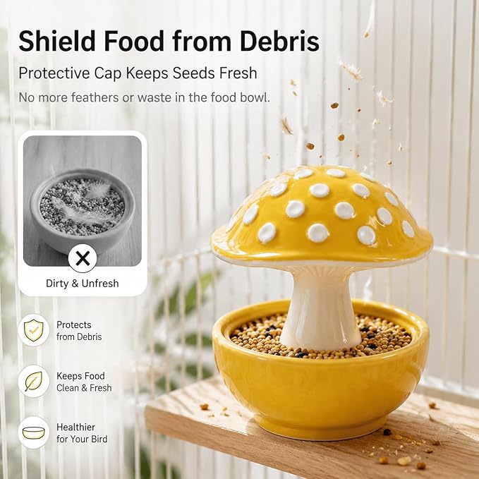 Cute Mushroom Ceramic Bird Water Dispenser & Seed Bowl, Premium Glazed Anti-Dust Feeding Dish for Small Parrots, Conures, Hamsters, Heavy Duty Cage Accessory