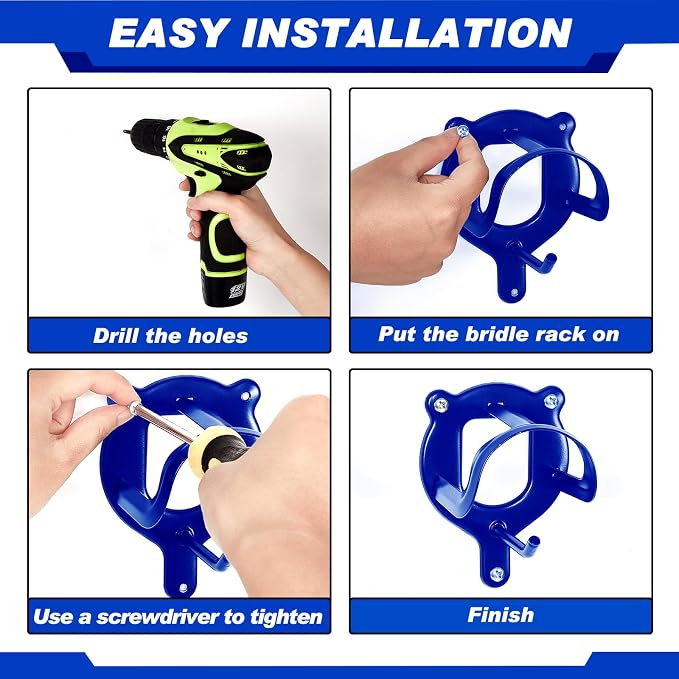 Dunzy 3 Counts Horse Bridle Rack Bracket Bridle Hooks Tack Storage Halter Hanger Metal Holder with Tubes and Screw for Horse Barn Supplies (Sapphire Blue)