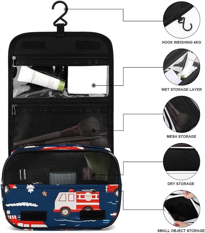 Unisex Firetrucks Fire Trucks Hanging Toiletry Bag Makeup Cosmetic Bag Travel Organizer for Accessories Full-size Container Toiletries