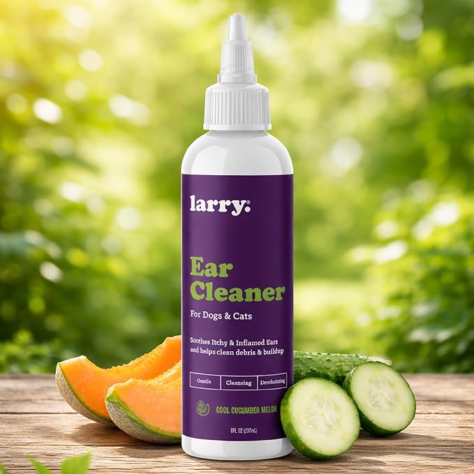 Larry Dog Ear Cleaner Solution & Cat Ear Cleaner for Dogs and Cats - Vet-Recommended Gentle Wash for Pet Ears -Cleans, Dries & Deodorizes - Cucumber Melon - 8 fl oz