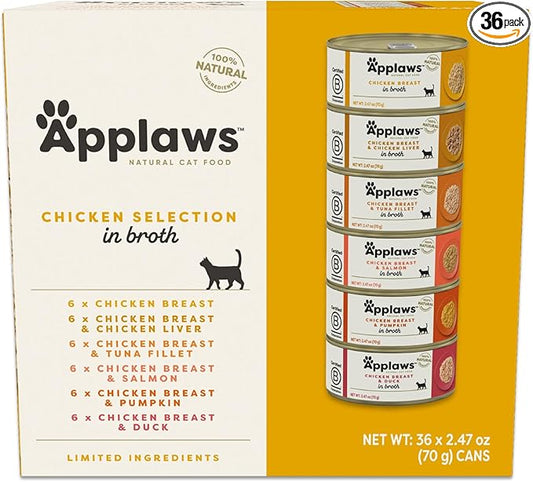 Applaws Natural Wet Canned Cat Food, Limited and Natural Ingreidents, High Protein with No Artificial Additives, Chicken Selection in Broth Cans (36 x 2.47oz Cans)