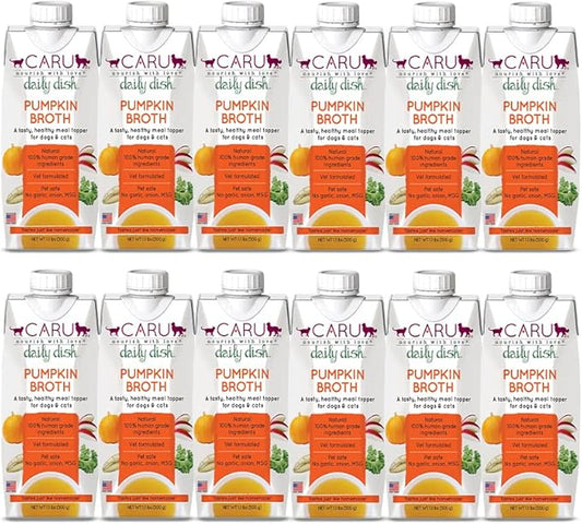 Caru - Daily Dish Pumpkin Broth - Meal Topper for Dogs & Cats - Supports Overall Pet Health - Pour-Over Broth for Wet/Dry Food - Human Grade Ingredients - Non-GMO - Made in USA - 12 Pack